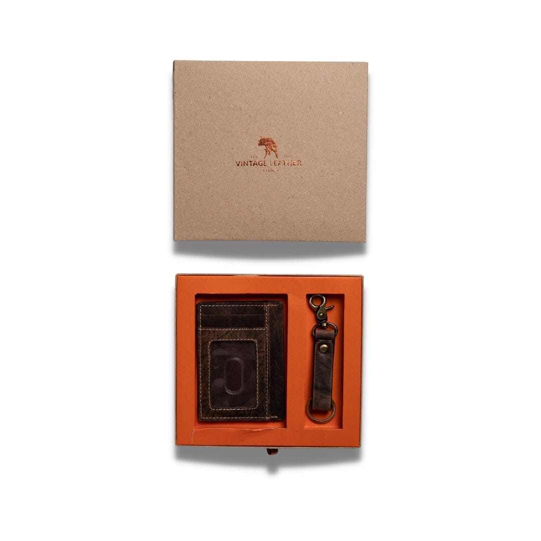 Leather Gift Box With Credit Card Wallet & Keyring